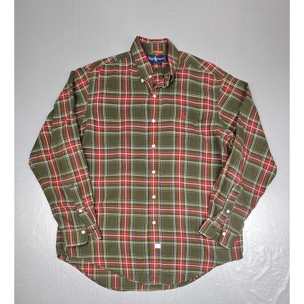 VTG Polo Ralph Lauren Button Down Shirt Mens XL Tan Olive Red Utility Flannel